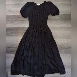 THE GREAT. Black Satin Tiered Maxi Dress